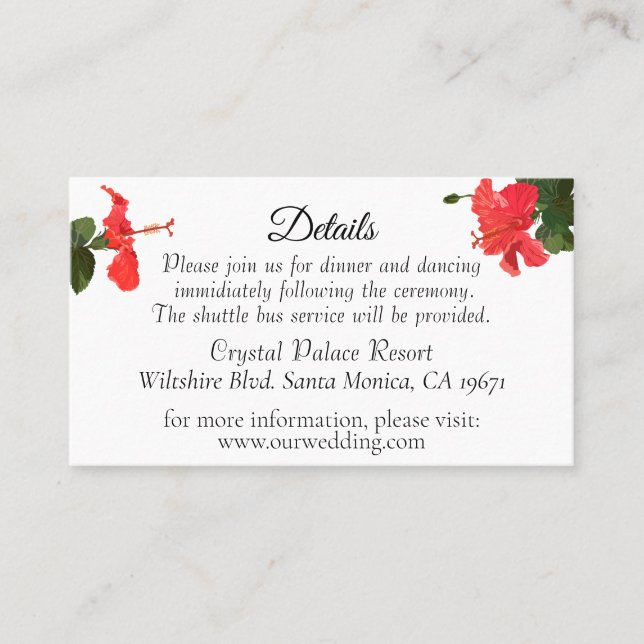 Eintrittskarte für die Hochzeitdetails mit Hibisku Platzkarte (Vorderseite)