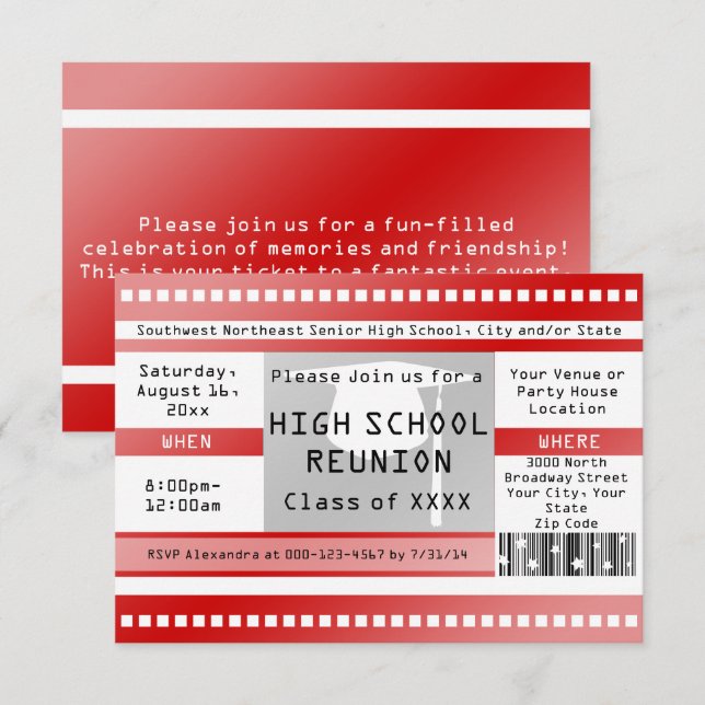 Eintrittskarte für die Red High School Klasse Einladung (Vorne/Hinten)