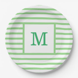 Einzel-Monogramm aus grünen und weißen Streifen Pappteller