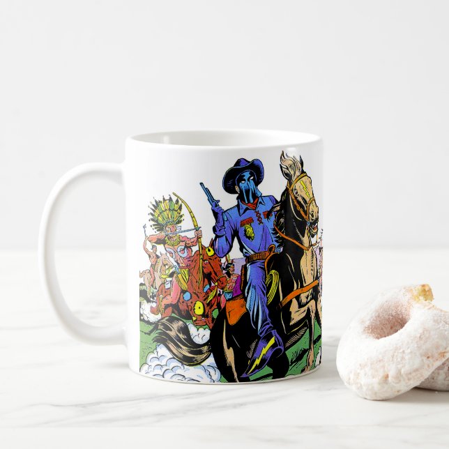 Einzelfahrer und Vintage Comicen des Apache Kaffeetasse (Mit Donut)
