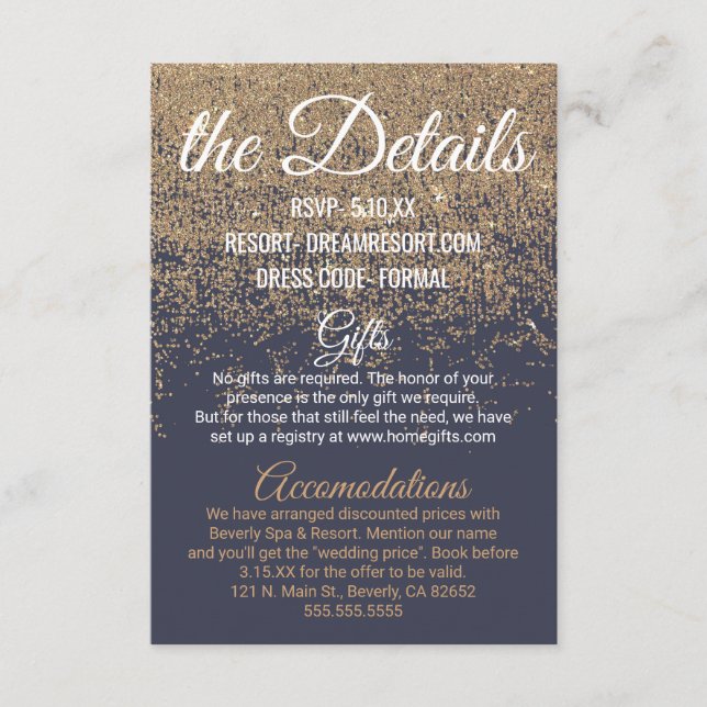 Einzelheiten zu Hochzeiten in Gold Glitzer Glitzer Begleitkarte (Vorderseite)