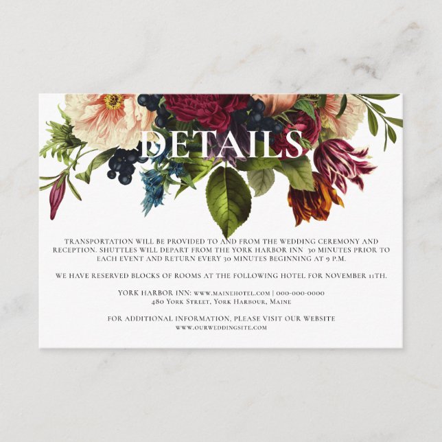 Einzelheiten zu Moody Floral Burgundy Wedding Begleitkarte (Vorderseite)