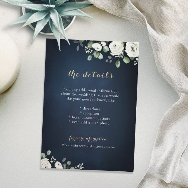 Einzelheiten zur Hochzeit mit weißem Blumen Begleitkarte (Gold script navy white floral wedding details enclosure card)