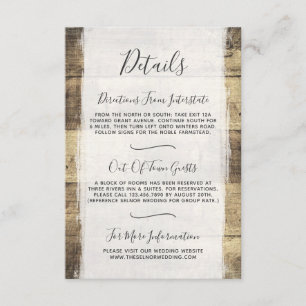 Einzelheiten zur Hochzeit von rustikalem Holz / An Begleitkarte