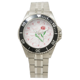 Einzelne Rote Rose Grüner Stiel Blätter Benutzerde Armbanduhr