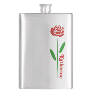 Einzelne Rote Rose Grüner Stiel Blätter Benutzerde Flachmann