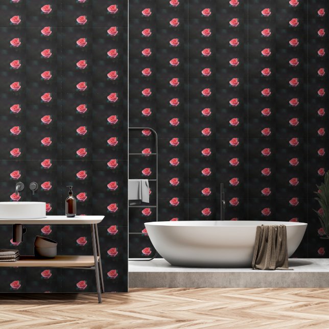 Einzelnes Rosenmuster in Rosa Tapete (Badezimmer)