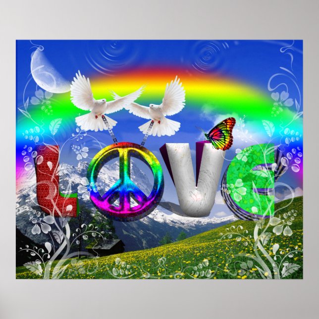 Einzigartig gestaltete Surreal Peace and Liebe Art Poster (Vorne)
