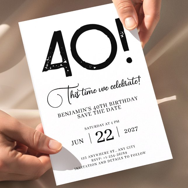 Einzigartig Minimalistisch Save the Date 40. Gebur Einladung (40th birthday save the date invitation black white, minimalist birthday save the date card, modern)