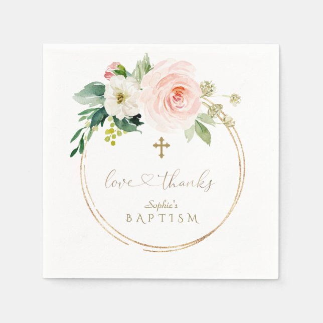 Einzigartig rosa Bläsergoldkreuz Kalligrafie Taufe Serviette (Vorderseite)