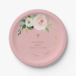 Einzigartig Rosa Blush Bloral Gold Cross Taufe Pappteller