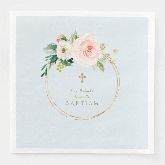 Einzigartig Rosa Blush Bloral Gold Cross Taufe Serviette (Vorderseite)