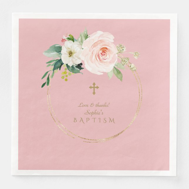 Einzigartig Rosa Blush Bloral Gold Cross Taufe Serviette (Vorderseite)