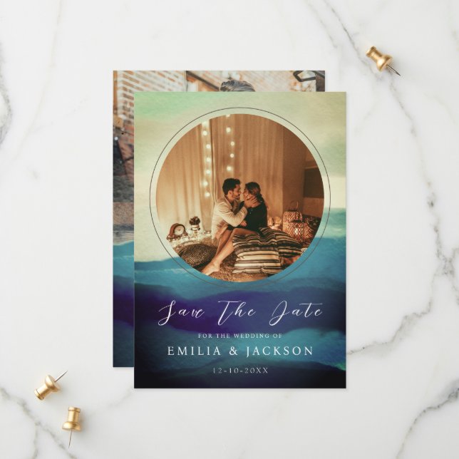 Einzigartige 2 Fotos Navy Blue Abstrakt Overlay Save The Date (Vorderseite/Rückseite Beispiel)