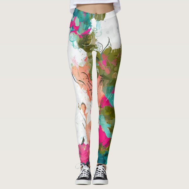 Einzigartige abstrakte Kunstrosa und Aqua Leggings (Vorderseite)
