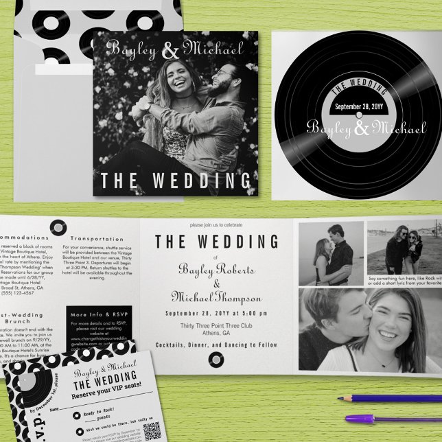 Einzigartige Aufnahme Album Cover B&W Foto Wedding Dreifach Gefaltete Einladung (Retro Vinyl record folded album cover wedding invitation with coordinating envelope and RSVP)