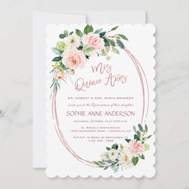 Einzigartige Blush Cream Blume Rose Gold Quinceañe Einladung (Vorderseite)