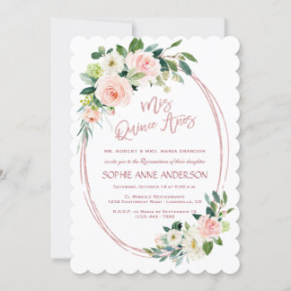 Einzigartige Blush Cream Blume Rose Gold Quinceañe Einladung