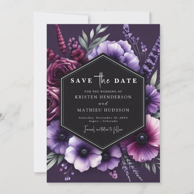Einzigartige Botanische Lila Blumenhochzeit Save The Date (Vorderseite)