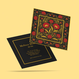 Einzigartige botanische Rote Blume und Goldtypogra Quadratische Visitenkarte