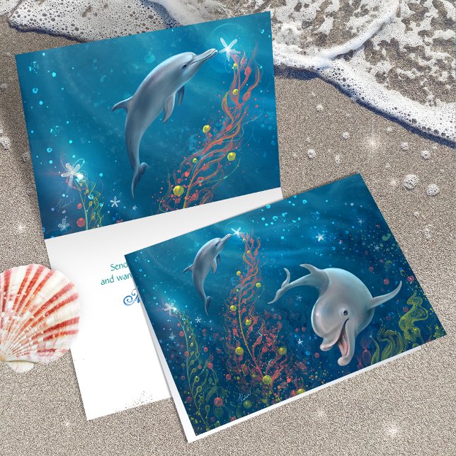 Einzigartige Dolphin Art Frohe Weihnachten Magisch (Add your own custom holiday greeting to these unique,  painted dolphin Christmas cards.)