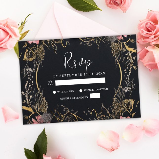Einzigartige dunkle gotische Schwarze Flora Hochze RSVP Karte (Unique Dark Gothic Black Floral Wedding RSVP Card)