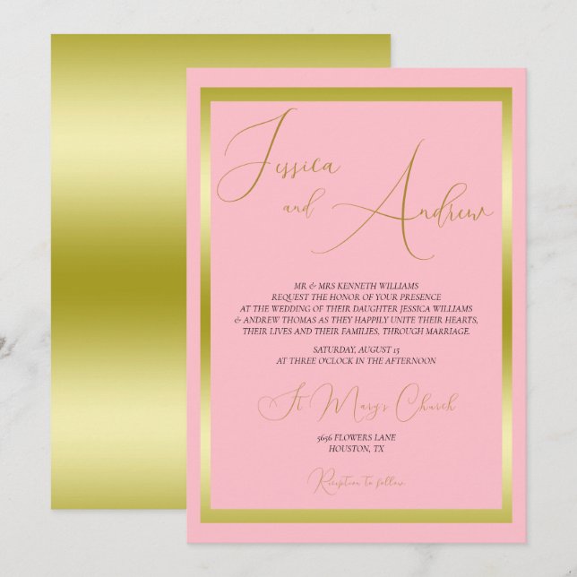 Einzigartige Dusty Pink & Gold Hochzeit Einladung (Vorne/Hinten)