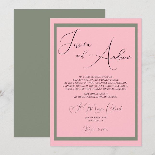 Einzigartige Dusty Pink & Sage Hochzeit Einladung (Vorne/Hinten)