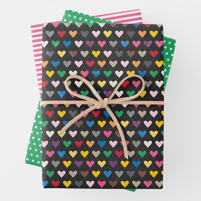 Einzigartige farbenfrohe Herzstreifen Polka Dots M Geschenkpapier Set (Beispiel)