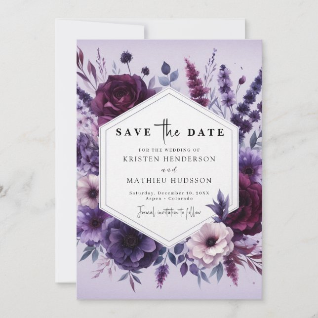 Einzigartige Florals Lila Blumenhochzeit Save The Date (Vorderseite)