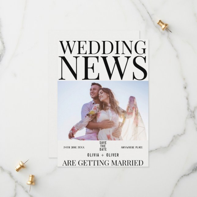 Einzigartige Foto Zeitungshochzeit Save The Date (Vorderseite/Rückseite Beispiel)