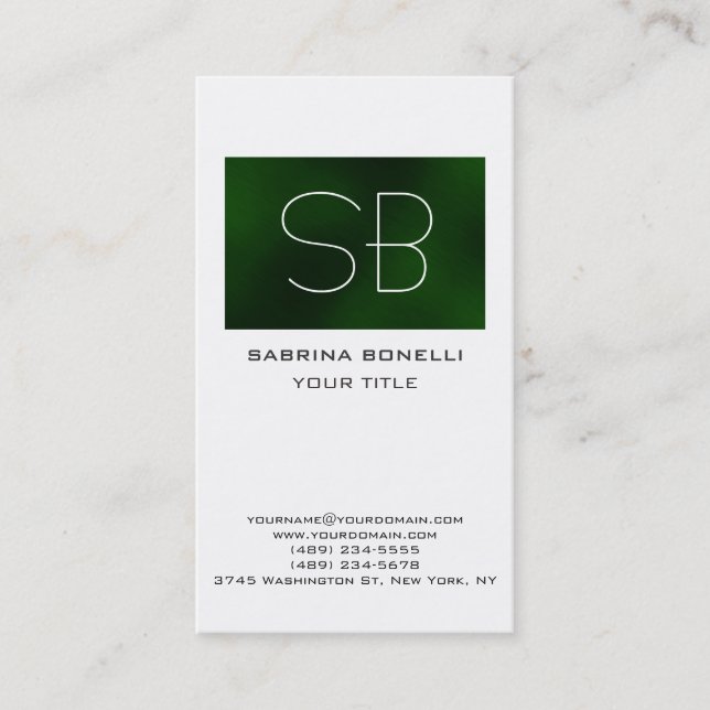 Einzigartige Green Modern Monogram White Business  Visitenkarte (Vorderseite)