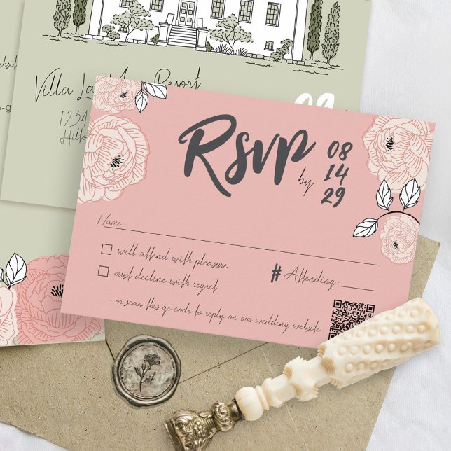 Einzigartige handgezeichnete Villa Manor Pink Blum RSVP Karte (Dusty rose pink hand drawn handwritten whimsical villa manor house QR code wedding invite RSVP card)