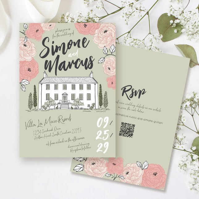 Einzigartige handgezeichnete Villa Sage Grüne Blum Einladung (Whimsical sage green pink floral unique hand drawn handwritten illustrated villa wedding invitation)