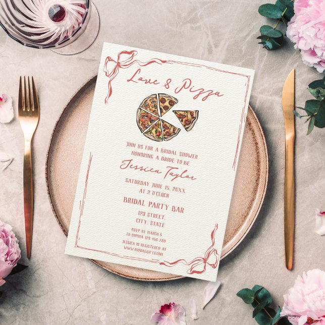 Einzigartige Liebe von Bridal Brunch und Pizza Einladung (hand drawn cartoon pizza bridal shower invitation with bow border)