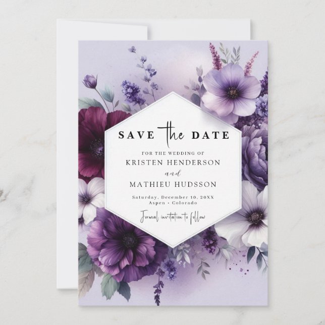 Einzigartige Lila Blumenhochzeit Save The Date (Vorderseite)