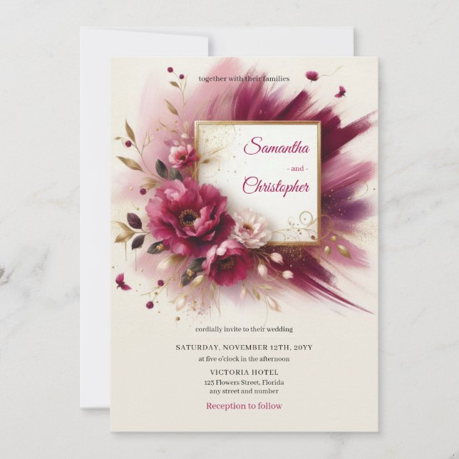 Einzigartige Magenta-Blume und Goldrahmen-Hochzeit Einladung (Vorderseite)