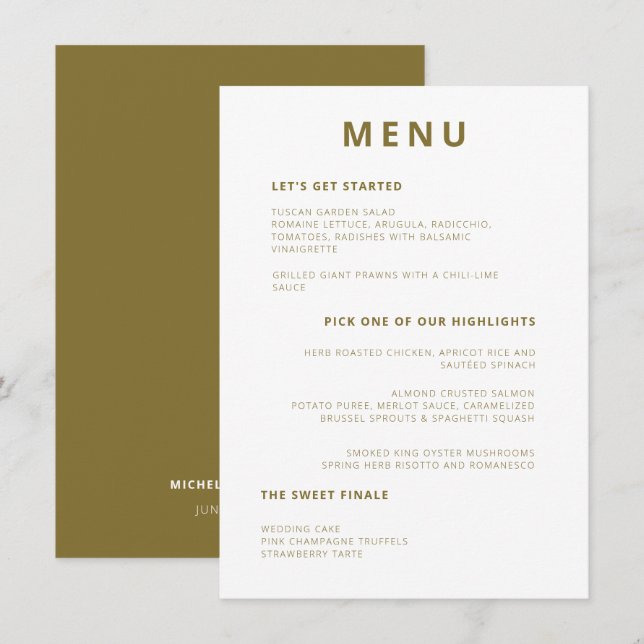 Einzigartige Minimal Typografie Grüne Hochzeit von Menükarte (Vorne/Hinten)