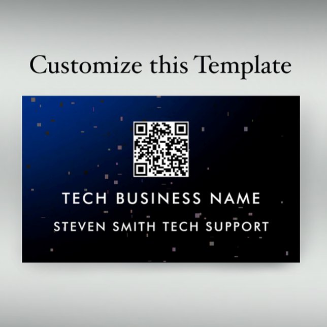 Einzigartige moderne blaue Pixel-QR-Code-Tech-Gesc Visitenkarte (Personalize this unique blue gradient pixel spotted tech professional business card template.
)