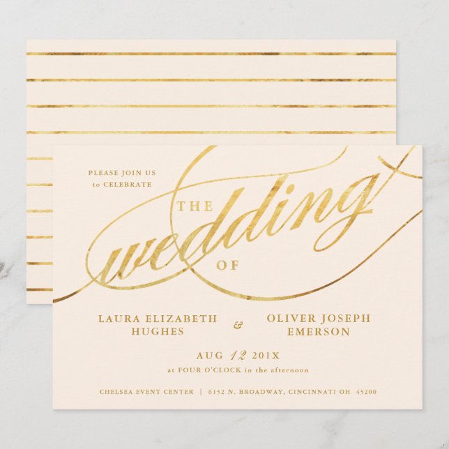 Einzigartige moderne Champagne & Gold Script Hochz Einladung (Vorne/Hinten)