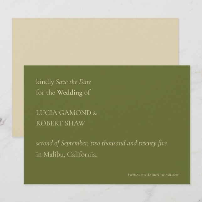 Einzigartige moderne Typografie Olive Green Weddin Save The Date (Vorne/Hinten)