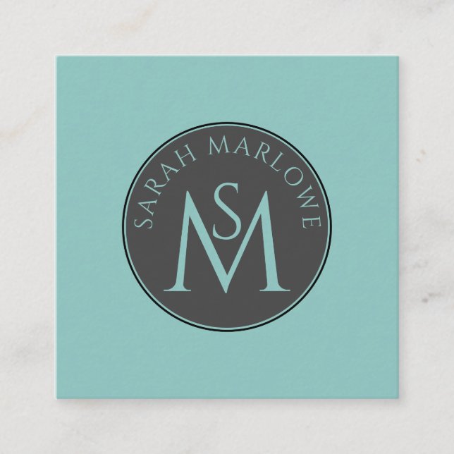 Einzigartige Monogram Blue Green Calling Card Quadratische Visitenkarte (Vorderseite)