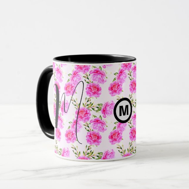 Einzigartige Monogramm-Erstkaffee-Tasse (Blumenges Tasse (Vorderseite Links)
