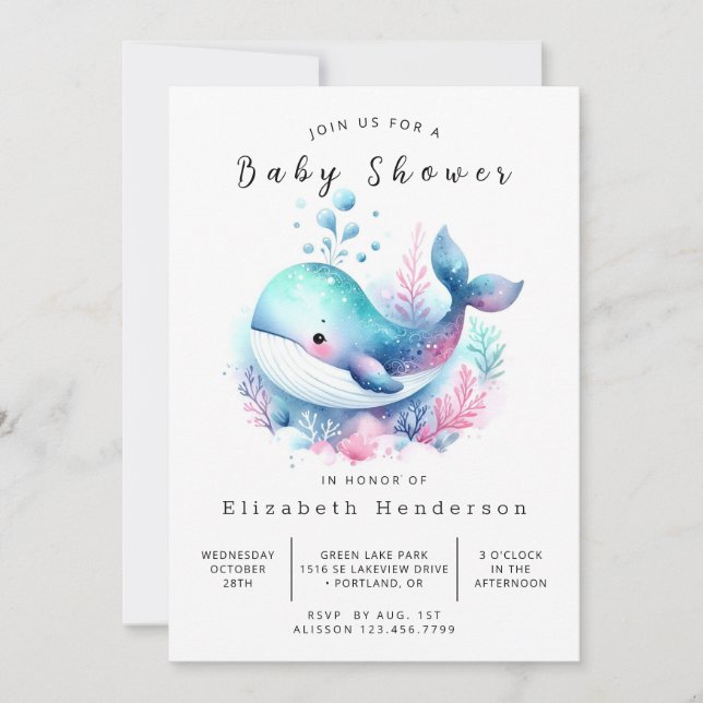 Einzigartige Printable Whale Baby Dusche Einladung (Vorderseite)