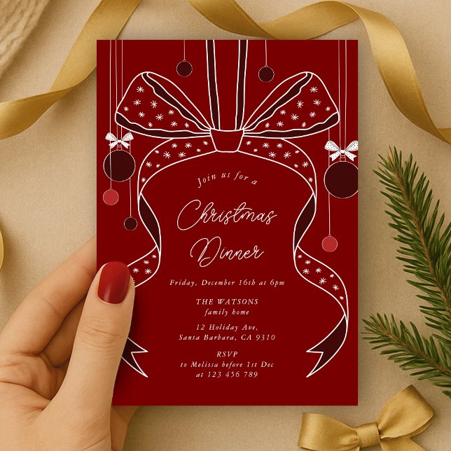 Einzigartige Red Bows & Ribbons Elegantes Weihnach Einladung (elegant bow and ribbon Christmas party invitation red and white)