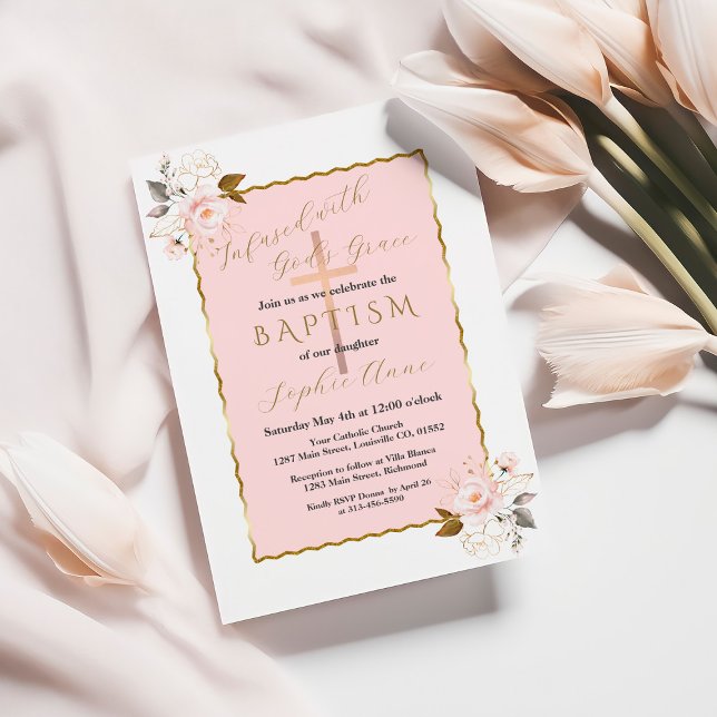 Einzigartige Rosa Blush Gold Blumen Girl Taufe Einladung (Von Creator hochgeladen)