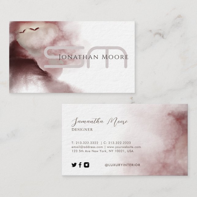 Einzigartige Rose Gold Aquarellschrift Mit Monogra Visitenkarte (Vorne/Hinten)
