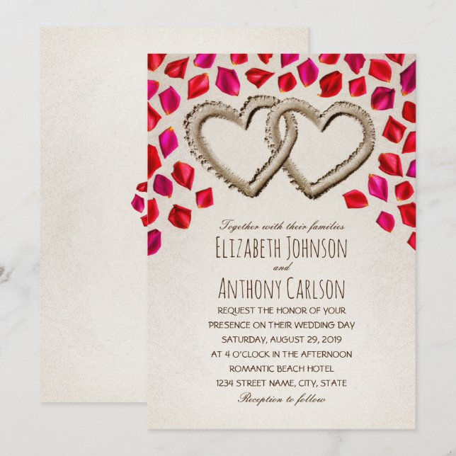Einzigartige Sand Hearts Rose Petal Beach Hochzeit Einladung (Vorne/Hinten)