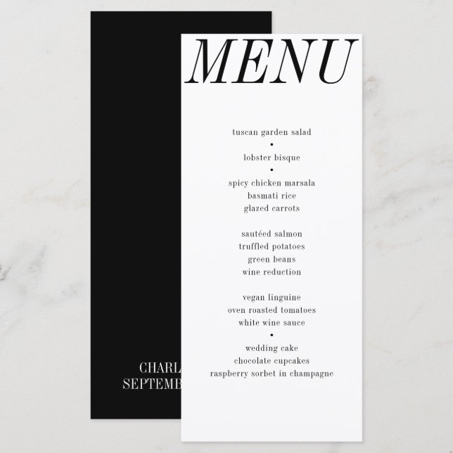 Einzigartige Schwarz-weiße Typografie-Hochzeit Menükarte (Vorne/Hinten)