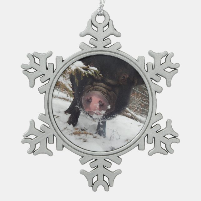 Einzigartige schwarze schneeflocken Zinn-Ornament (Vorderseite)